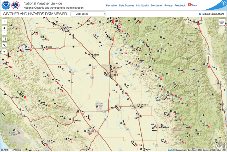 Surface weather stations near Fresno, CA